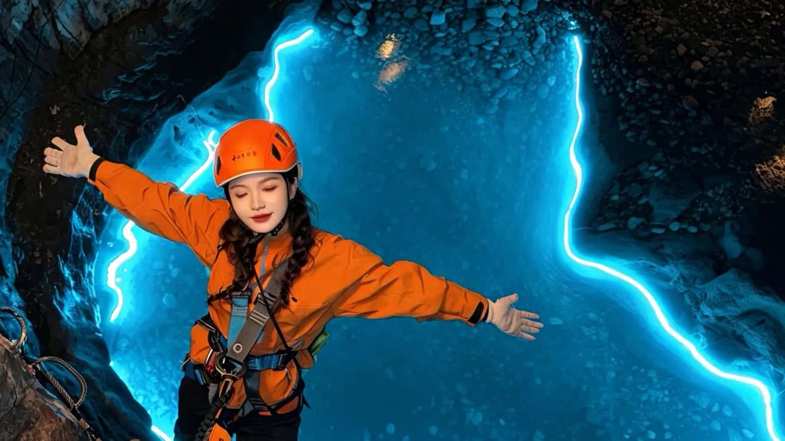 佩戴安全装备探索贵州溶洞的旅客